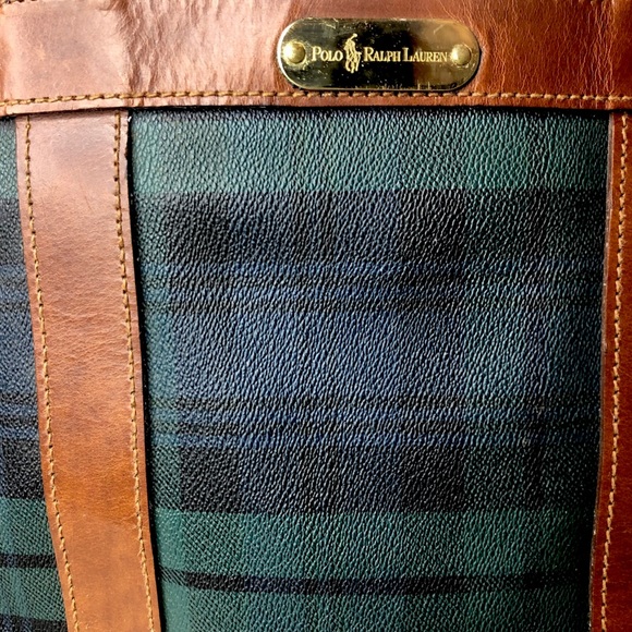 MRALPH LAUREN Black Watch Plaid Oversized Coated Canvas Brown Leather Travel Bag - Picture 5 of 16